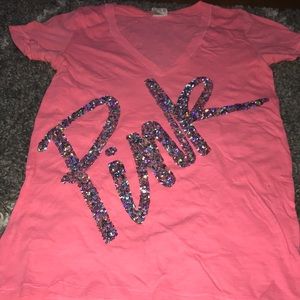 Pink brand sparkly v-neck tee shirt